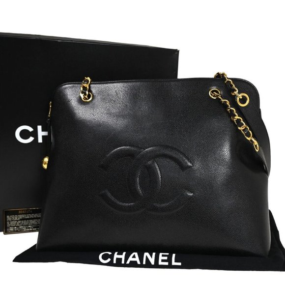CHANEL CC Logo Chain Shoulder Bag Caviar Skin Leather Black GHW Vintage - Picture 1 of 16